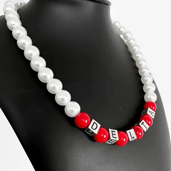 Delta Sigma Theta Necklace Red and White Pearls with Silver Delta Blocks - Picture 2 of 3